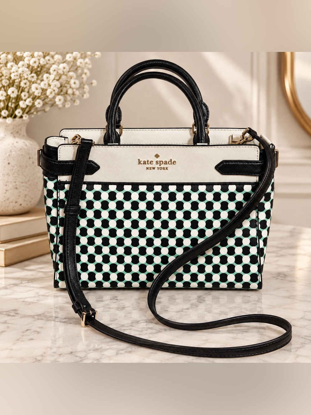 Kate Spade • Staci New Benay Spot Saffiano Leather Satchel • White/Black/Mint